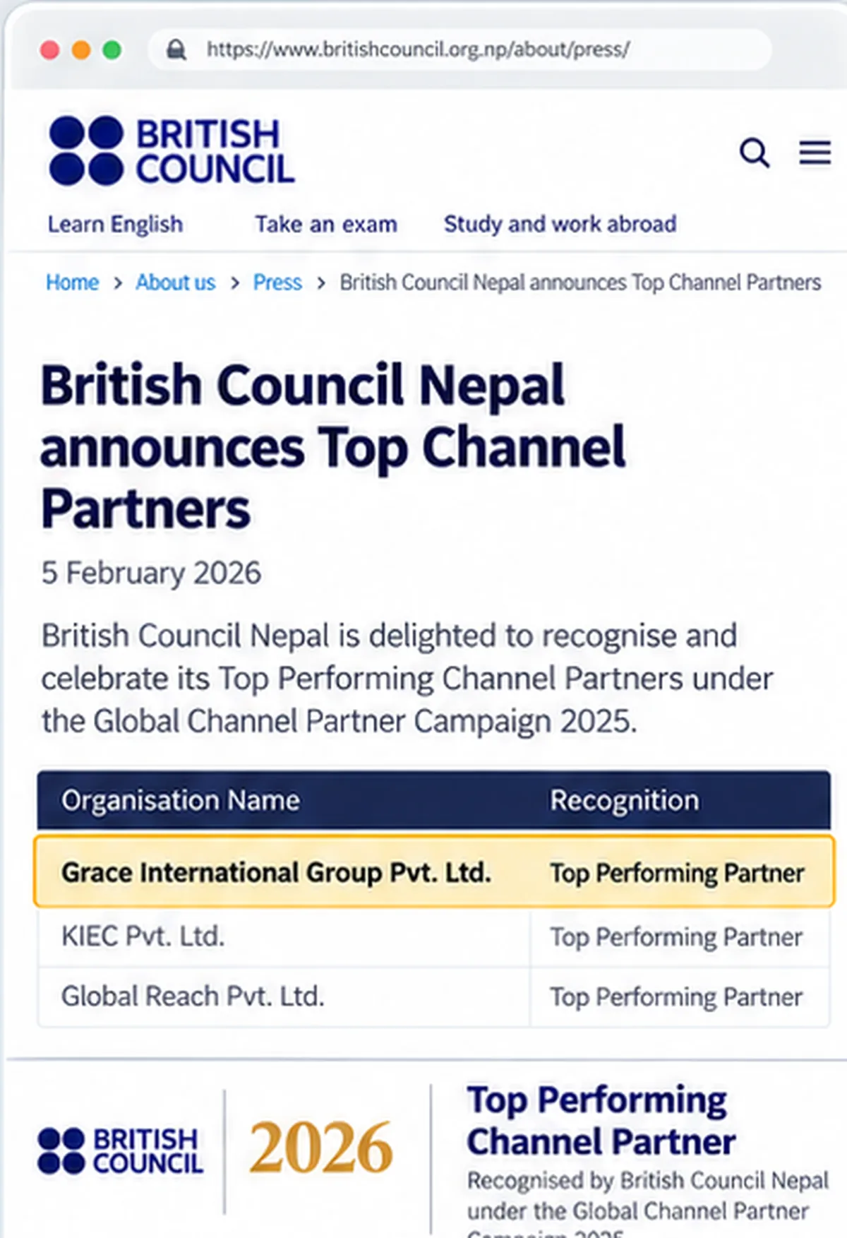 Top Performing Channel Partner recognition
