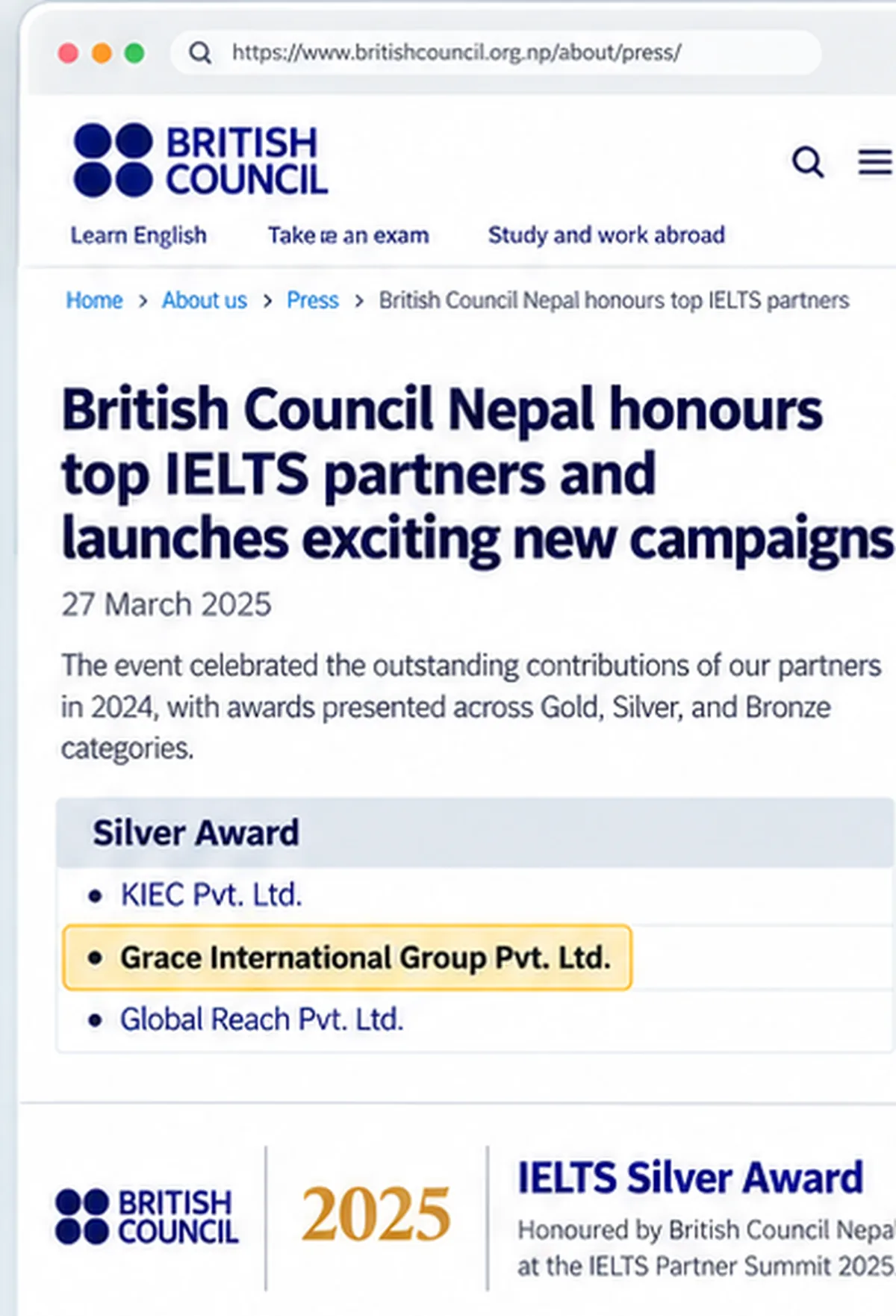 IELTS Silver Award recognition
